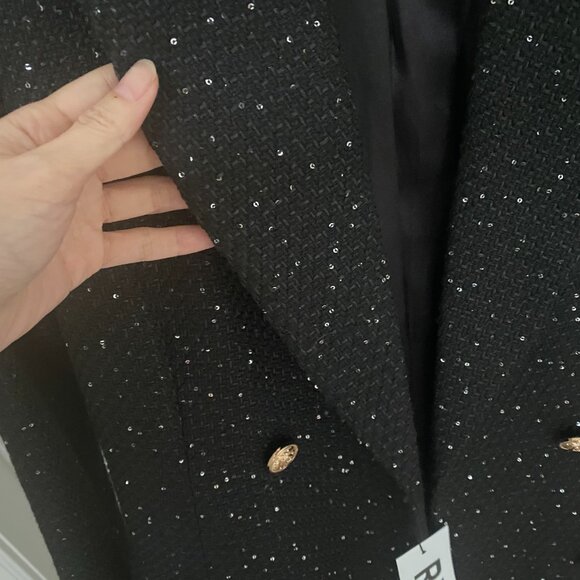 NWT Black Metallic Tweed Double Breasted Winter Blazer Jacket Coat - Picture 2 of 8